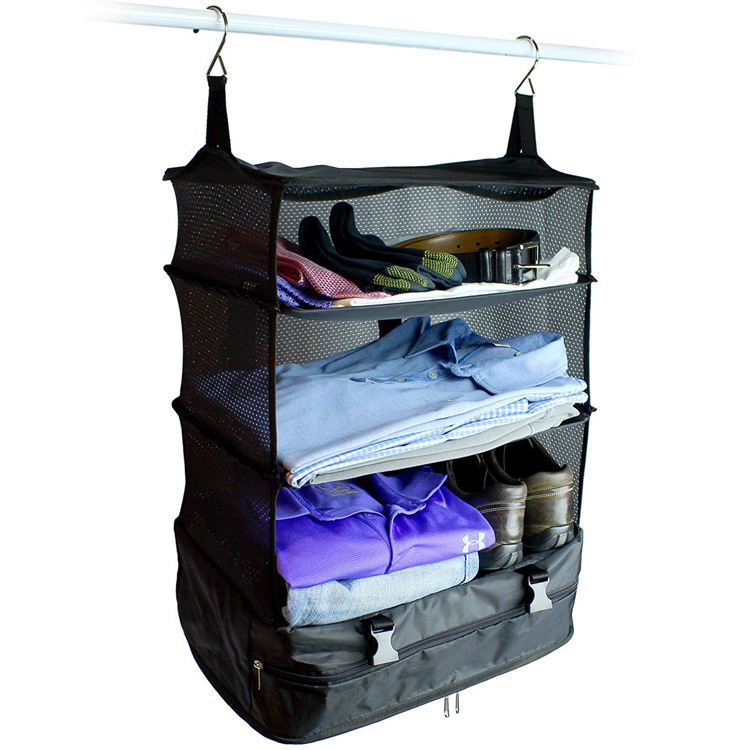 Travel Luggage Organizer And Packing Cube Space Saver With Built In Hanging Shelves And Laundry Storage Bag