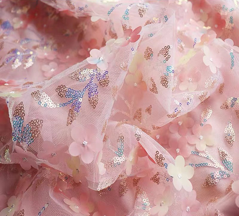 High Quality New Arrival Polyester Tulle Mesh 3d Floral Sequin Embroidery Fabric For Wedding