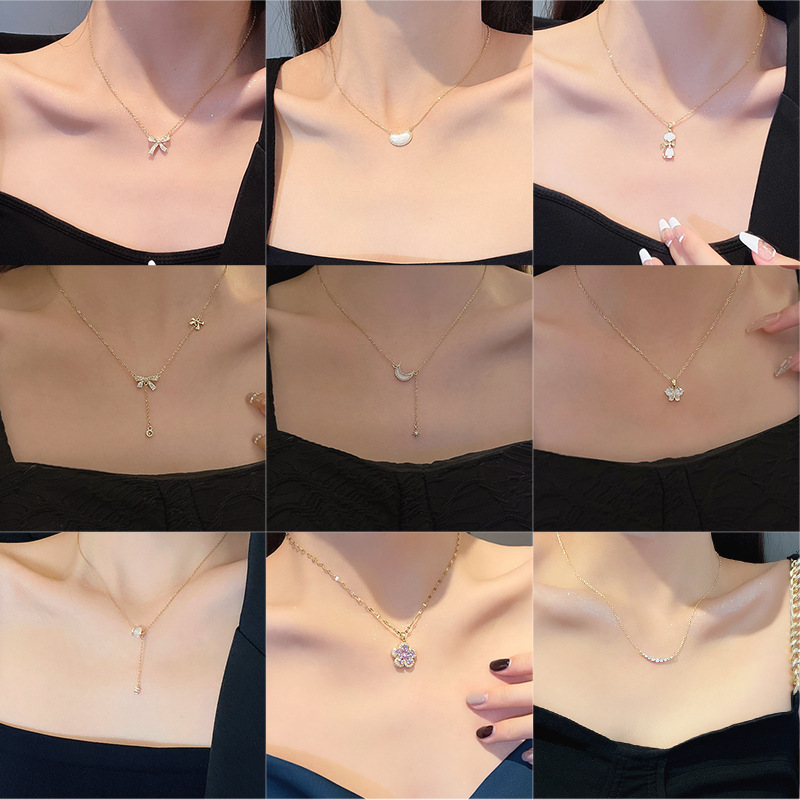 Korean Version Ins Style Titanium Steel Necklace Girls with Pearl Collarbone Chain Pendant