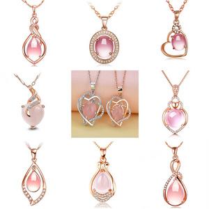 S925 Silver Natural Rose Quartz Crystal Stone Pendant Necklace for Women Gemstone Fashion Jewelry