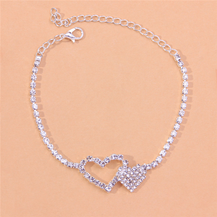 Summer Double Heart Rhinestone Foot Anklet Fashion Gold Plated Anklet For Women