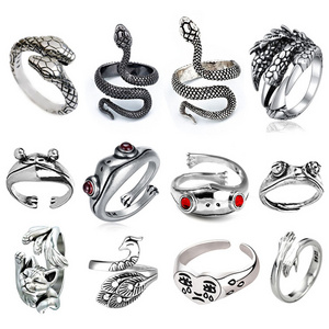 New Retro Goth Hippie Cute Frog Rings Set Snake Hug Cat Lucky Face Open Adjustable Rings