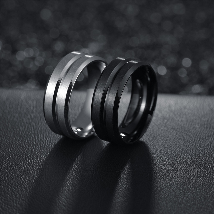 8mm Men Rings Jewelry Black Groove Matte Wedding Engagement Stainless Steel Rings