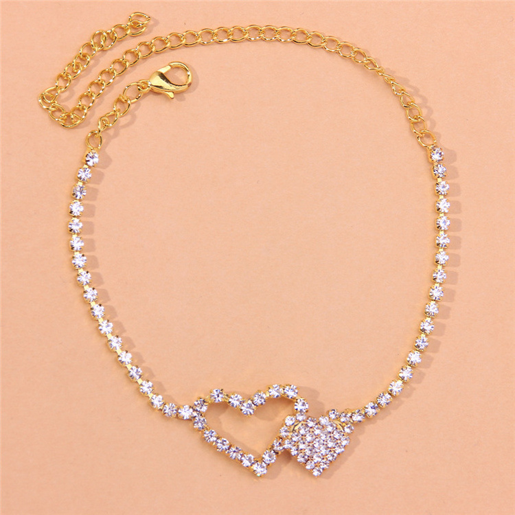 Summer Double Heart Rhinestone Foot Anklet Fashion Gold Plated Anklet For Women