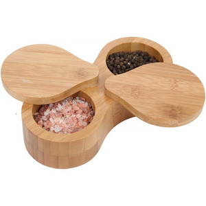 Eco-friendly Bamboo salt pepper bowl spice container  wooden salt and pepper box with lid