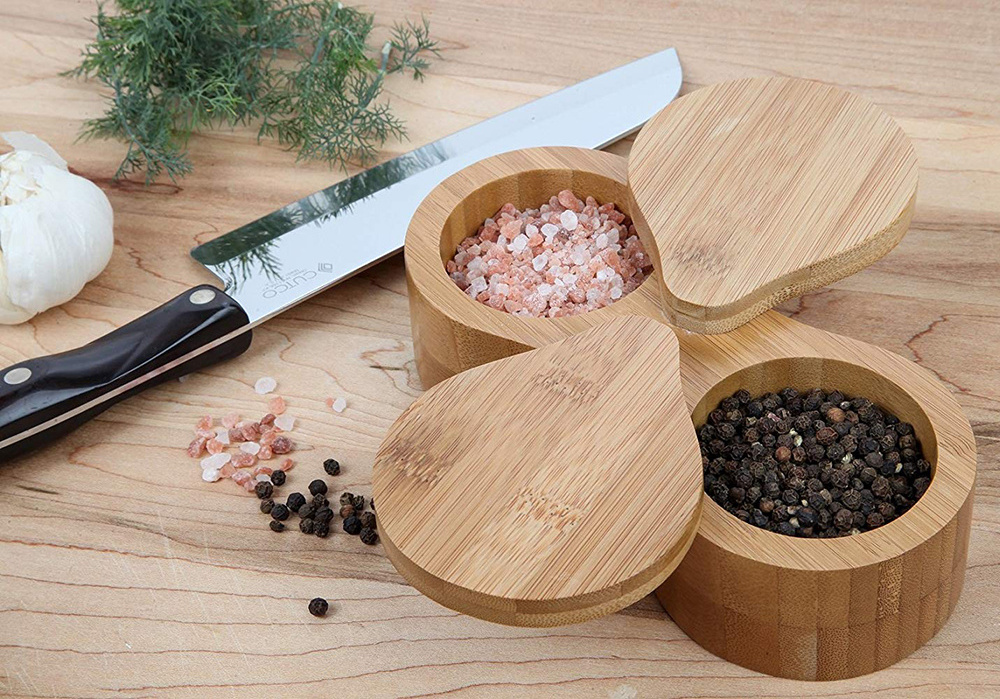 Eco-friendly Bamboo salt pepper bowl spice container  wooden salt and pepper box with lid