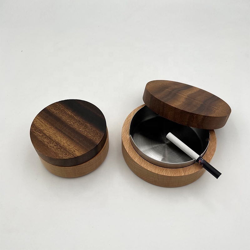 Wooden Ashtray with Lid for Smokers Stainless Steel Liner Ash Tray Windproof Durable Easy to Clean Cool Ashtray