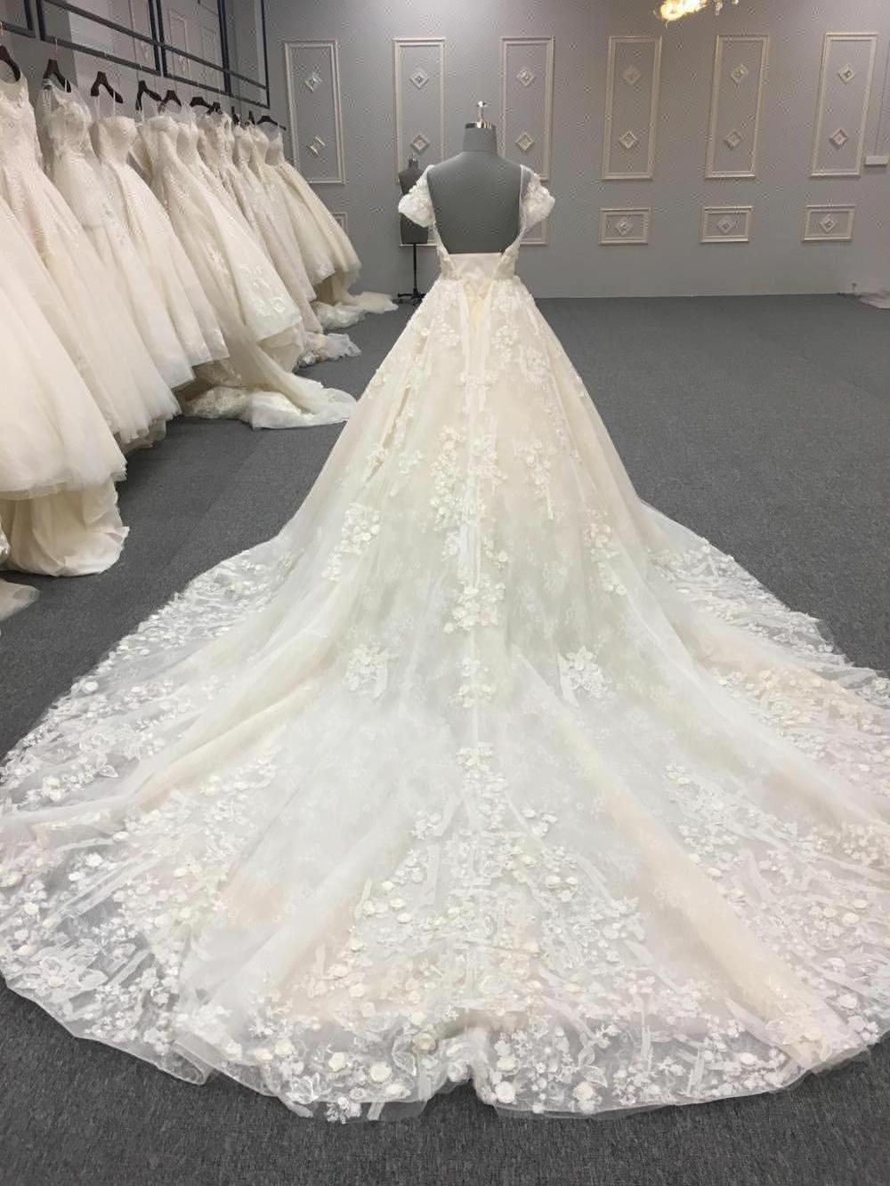 Wedding Dress Ball Gown Lace Wedding Dresses short sleeve 3D floral white ball gown dresses  DY015