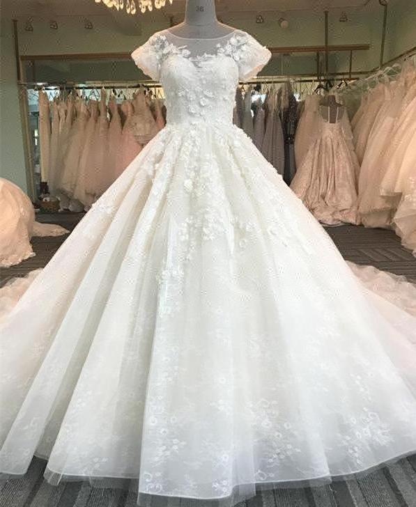 Wedding Dress Ball Gown Lace Wedding Dresses short sleeve 3D floral white ball gown dresses  DY015