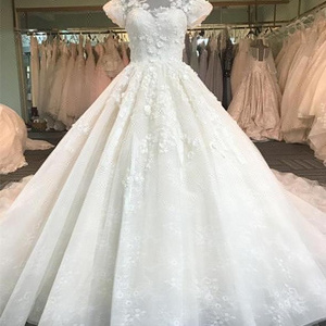 Wedding Dress Ball Gown Lace Wedding Dresses short sleeve 3D floral white ball gown dresses  DY015