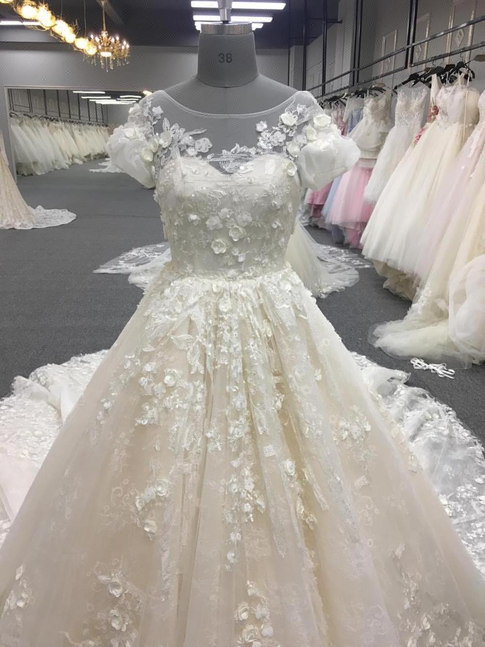 Wedding Dress Ball Gown Lace Wedding Dresses short sleeve 3D floral white ball gown dresses  DY015