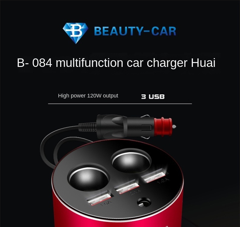 Factory Sales B-084 Car Cigarette Lighter One Tow Two Cigarette Lighter USB Lighted Cigarette Lighter High Power 120W