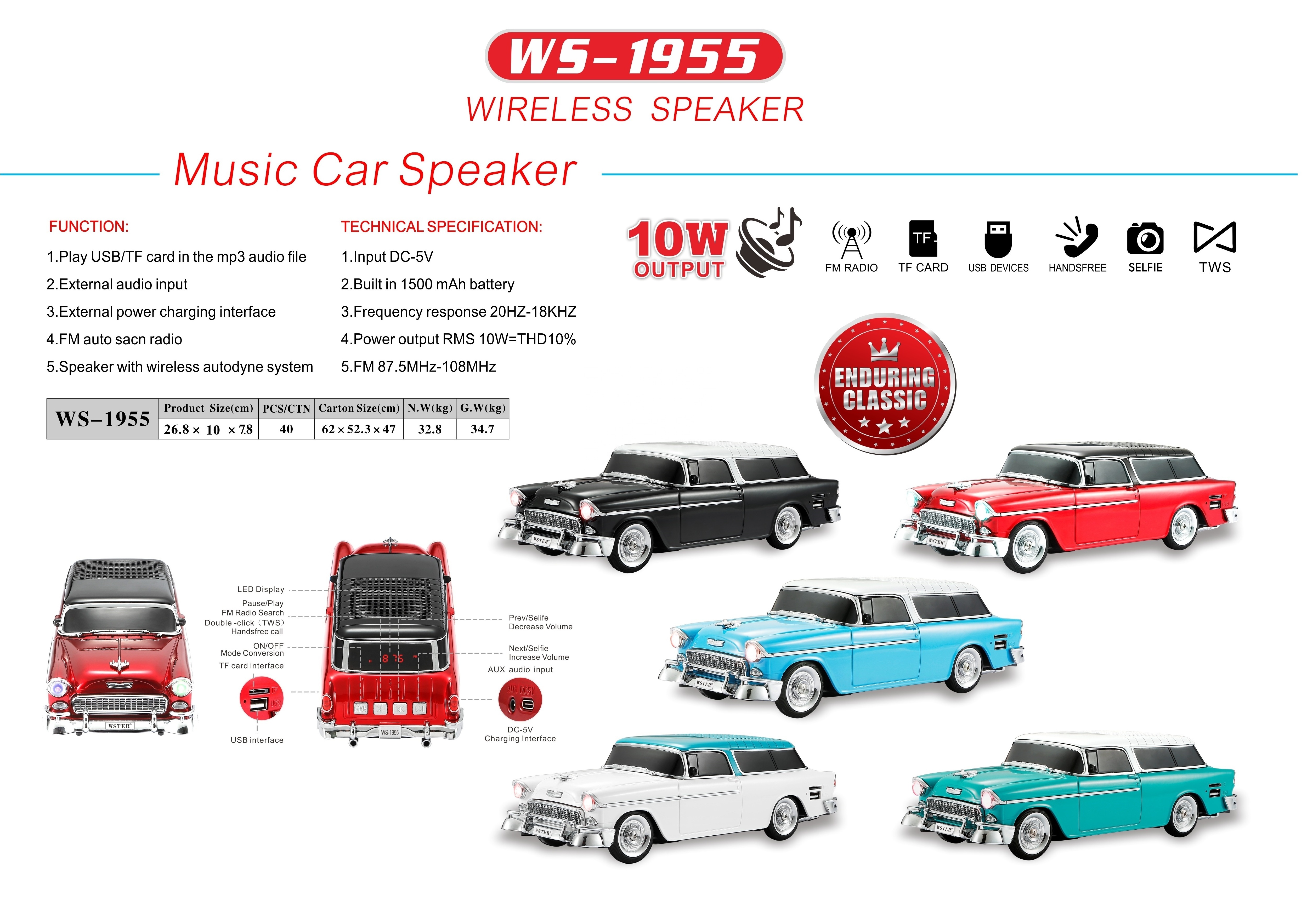 WS-1955 Blue tooth Wireless model Car Speaker decoration living room for Speaker Vehicle Speaker Support TF Card