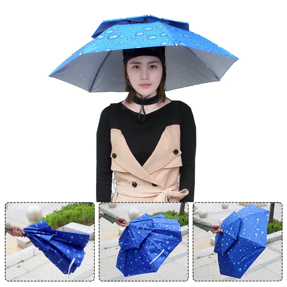 77cm Folding Adjustable Sun Rain Cap Double Layer Folding UV Rain Protection Umbrella Hat