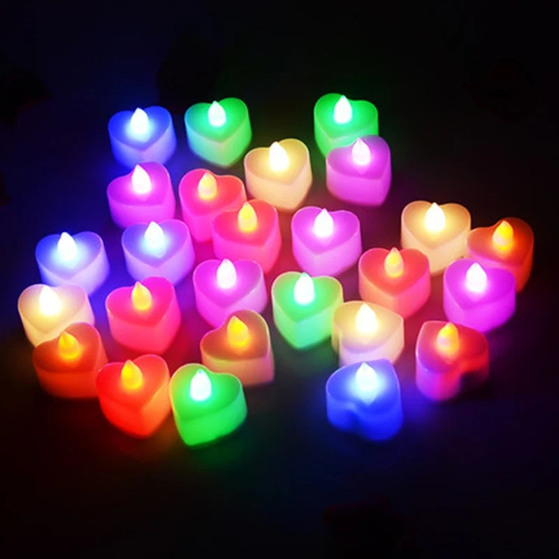 Colorful Heart-Shaped LED Candle Light Romantic Tea Lights for Weddings Small Plastic Candle Light