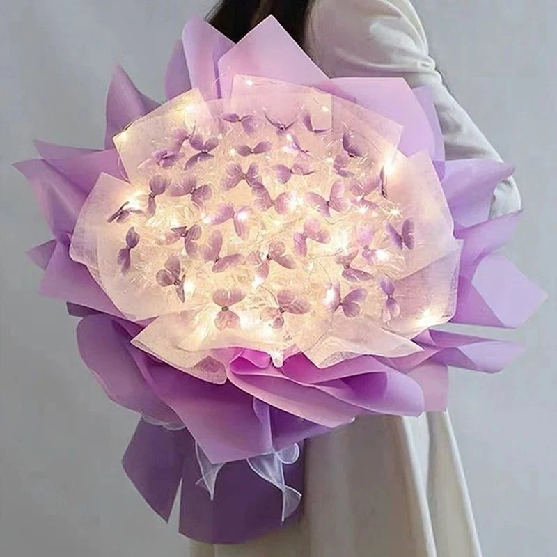 Artificial Flower Bouquet 33pcs with LED String Lights DIY Butterfly Bouquets for Woman Lovers