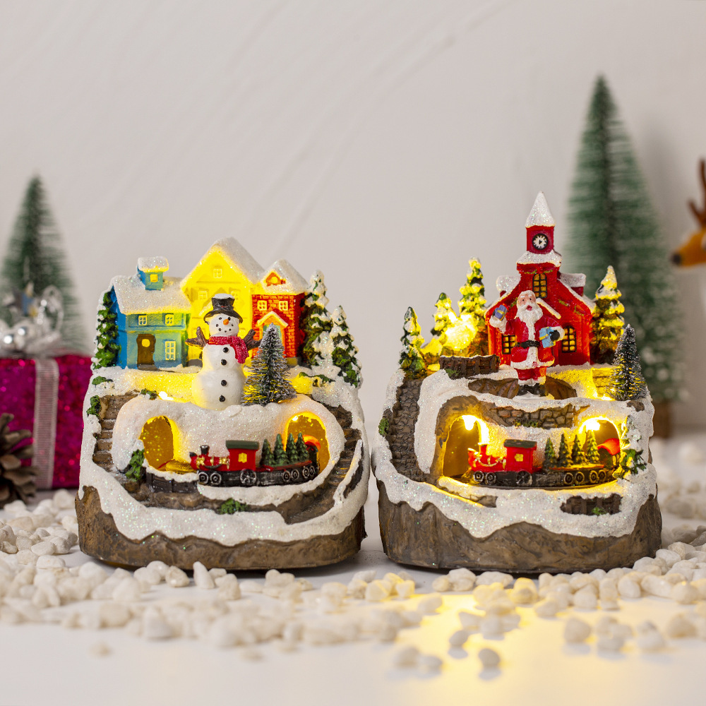 Christmas Village Figurines Snow Globe with Spinning Train Christmas Collectible Buildings Decoration