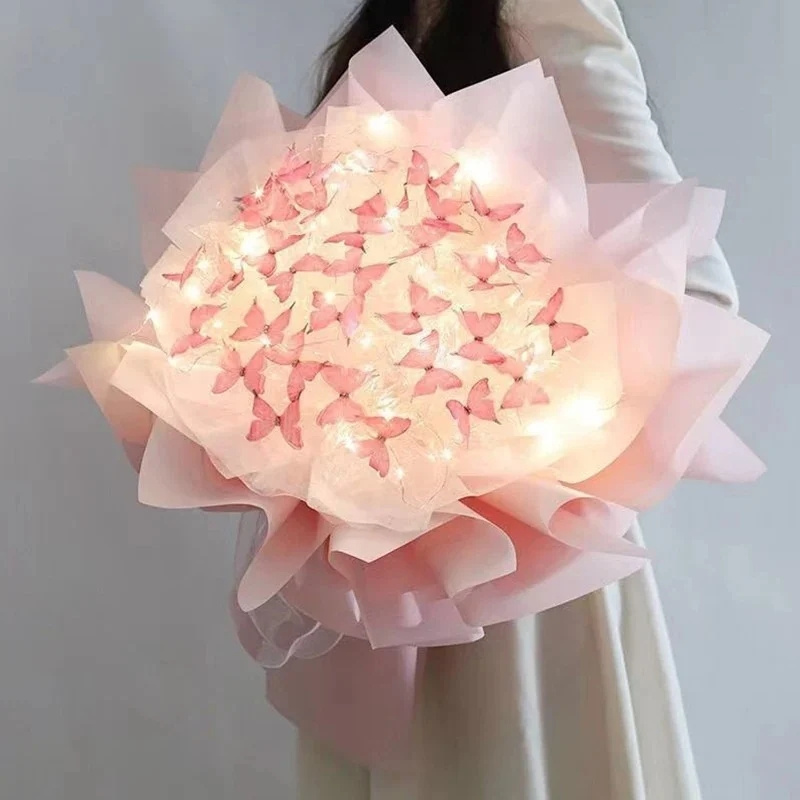 Artificial Flower Bouquet 33pcs with LED String Lights DIY Butterfly Bouquets for Woman Lovers