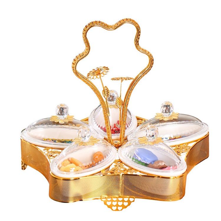 Luxury Arabic Home Decorative Dry Fruit Tray Iron Glass Gold Snack Candy Bowls Storage Dish Serving Tray