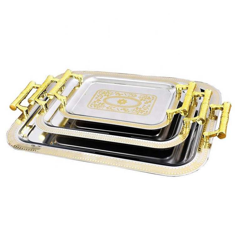 Customized Arabic Style Luxury Rectangular Metal Tray 3 Pieces Stainless Steel Serving Tray Set with Plastic Handles