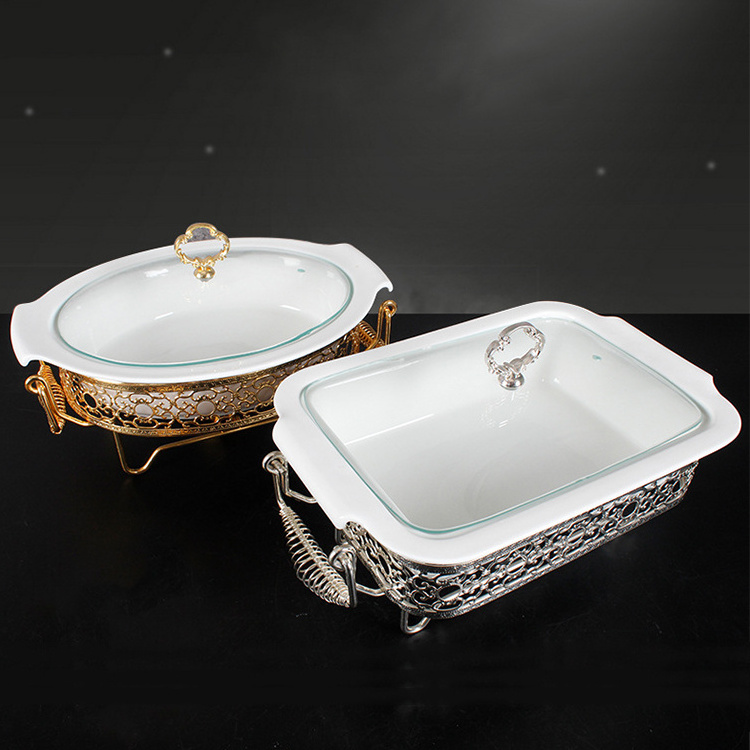 17inch Gold Silver Ceramic Casserole Alcohol Stove Oval Chafing Dish Buffet Porcelain Chafing Dish Set