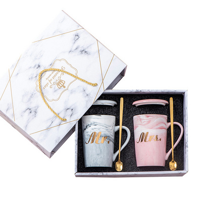 Wedding Gift Marble Design Grey Pink Ceramic Couple Mr and Mrs Mugs Coffee Cups Gift Set with Lid and Spoon