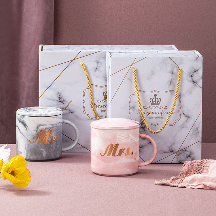 Wedding Gift Marble Design Grey Pink Ceramic Couple Mr and Mrs Mugs Coffee Cups Gift Set with Lid and Spoon