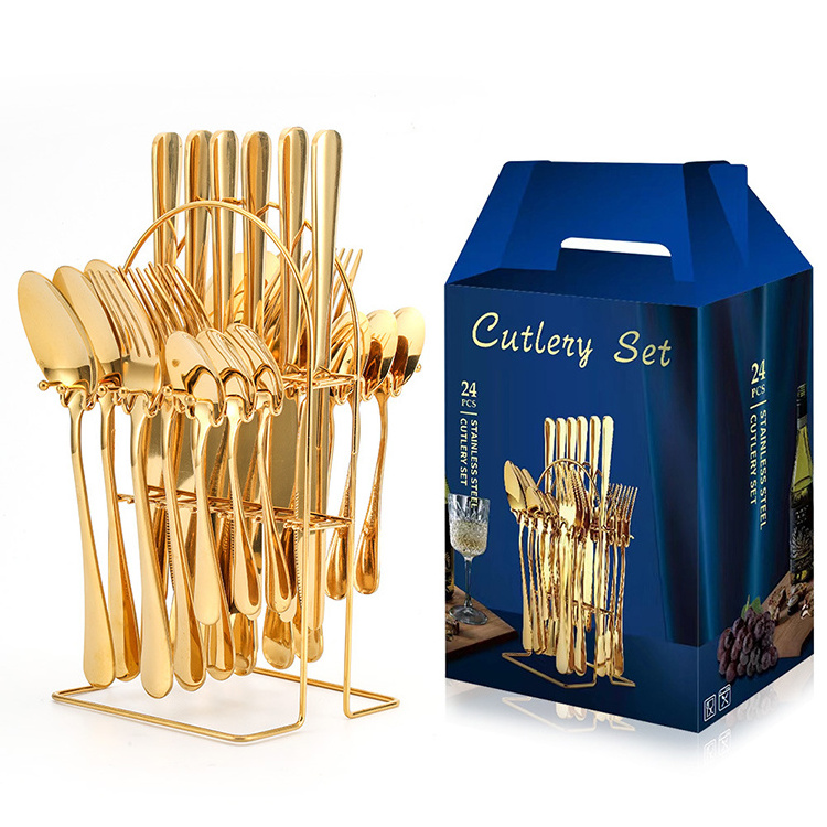 Stainless Steel Knife Fork Spoon Set 24 Pieces Gold Stainless Steel Flatware Cutlery Set with Storage Rack