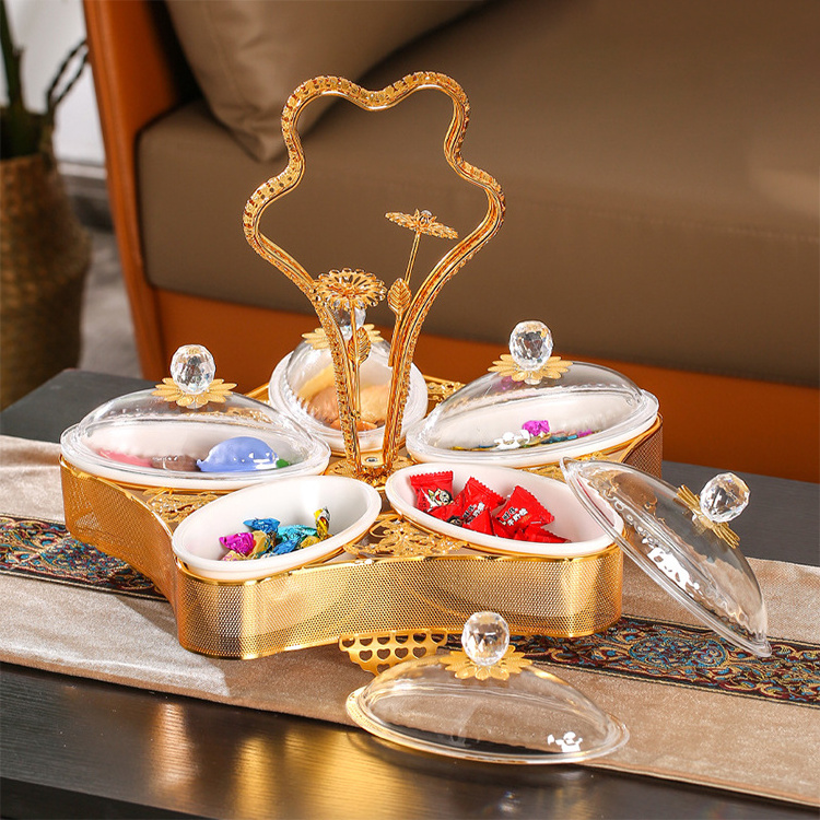 Luxury Arabic Home Decorative Dry Fruit Tray Iron Glass Gold Snack Candy Bowls Storage Dish Serving Tray