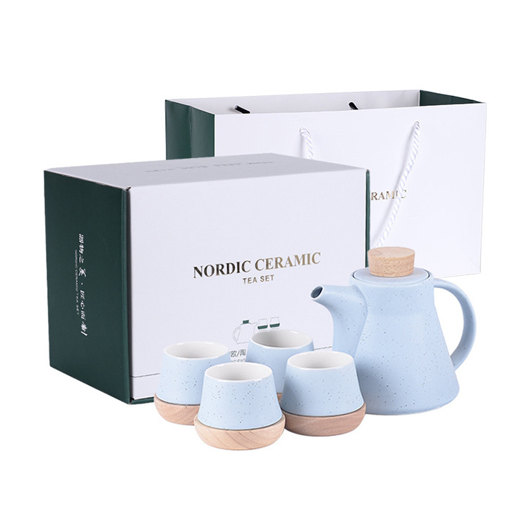 Nordic Design White Blue Porcelain Tea Pot and 4 Cups Set Ceramic Afternoon Tea Set with Wooden Base