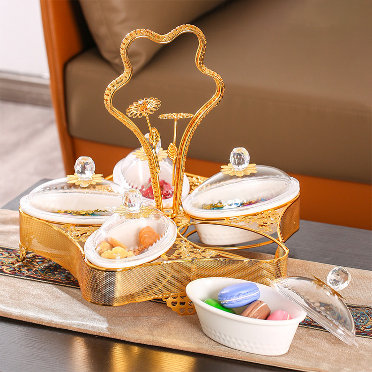 Luxury Arabic Home Decorative Dry Fruit Tray Iron Glass Gold Snack Candy Bowls Storage Dish Serving Tray