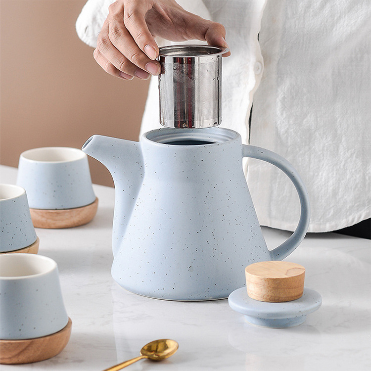 Nordic Design White Blue Porcelain Tea Pot and 4 Cups Set Ceramic Afternoon Tea Set with Wooden Base