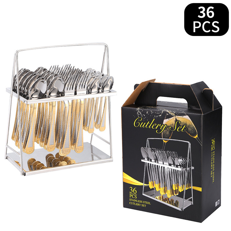 High Quality Arabic Luxury Golden Spoon and Fork Set Flatware 36pcs Gold Stainless Steel Cutlery Set with Hang Holder