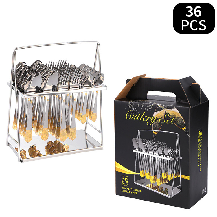 High Quality Arabic Luxury Golden Spoon and Fork Set Flatware 36pcs Gold Stainless Steel Cutlery Set with Hang Holder