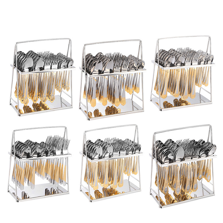 High Quality Arabic Luxury Golden Spoon and Fork Set Flatware 36pcs Gold Stainless Steel Cutlery Set with Hang Holder