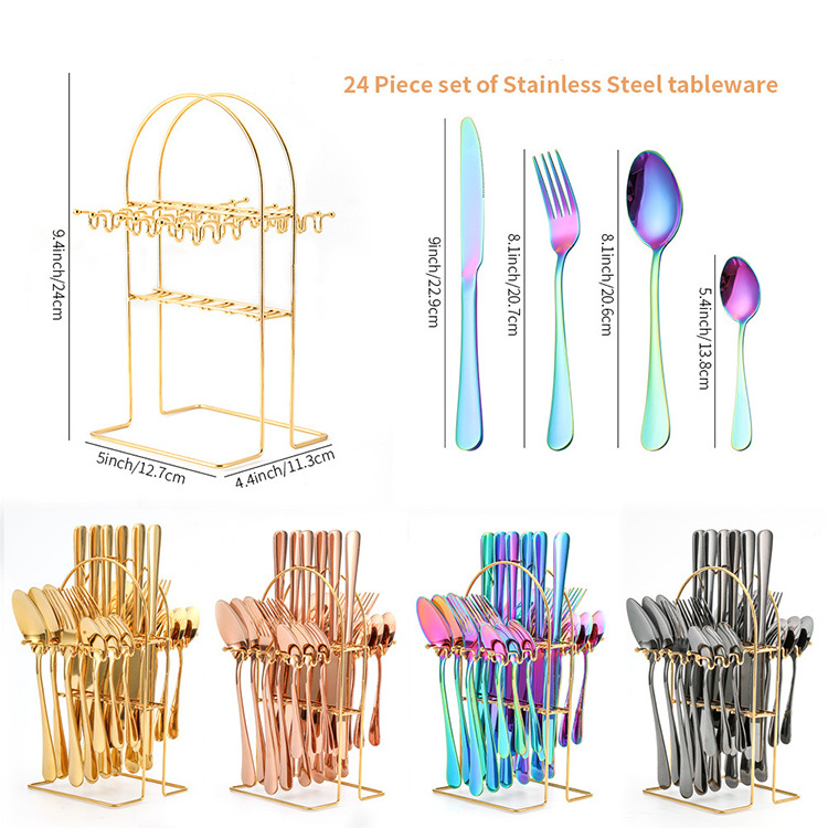 Stainless Steel Knife Fork Spoon Set 24 Pieces Gold Stainless Steel Flatware Cutlery Set with Storage Rack