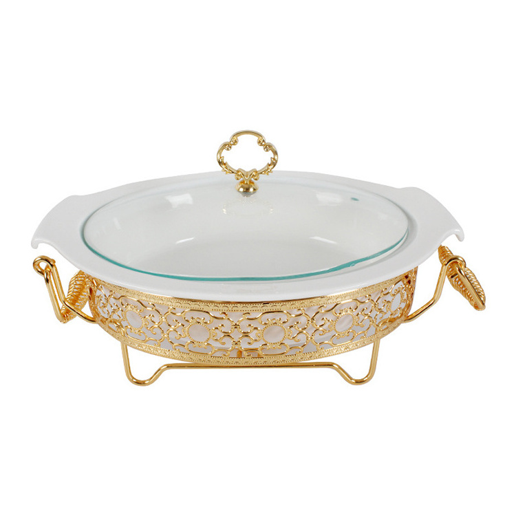 17inch Gold Silver Ceramic Casserole Alcohol Stove Oval Chafing Dish Buffet Porcelain Chafing Dish Set