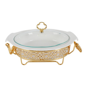 17inch Gold Silver Ceramic Casserole Alcohol Stove Oval Chafing Dish Buffet Porcelain Chafing Dish Set