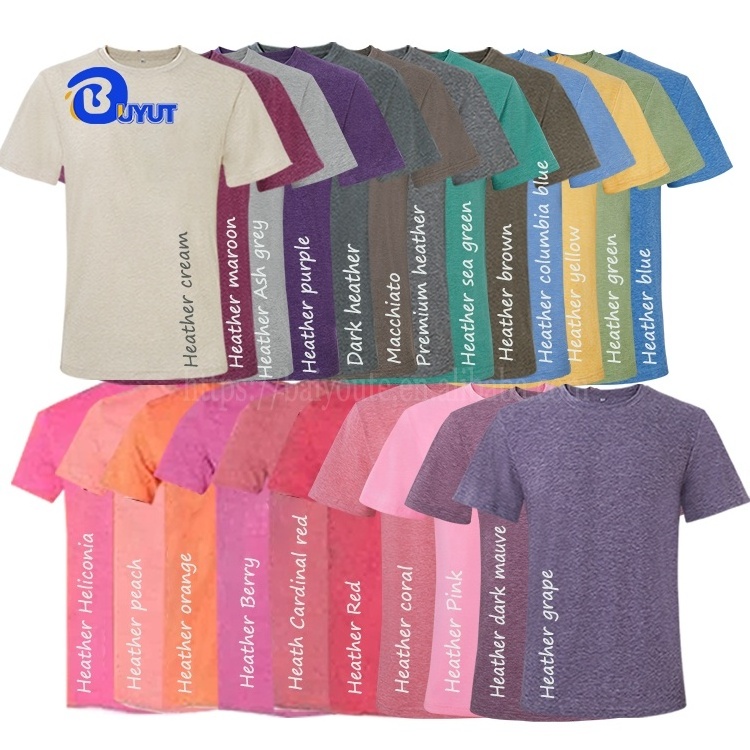 High quality heather Colors Polyester cotton blend Sublimation DTF printed soft  Blank unisex bleached T Shirt