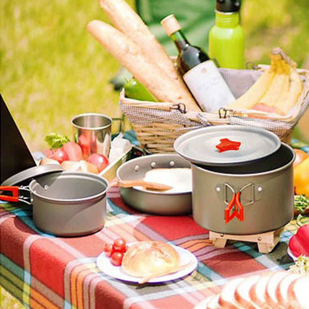 Outdoor Camp Cookwar Enamel Kitchen Tools With Stove Cooking Pots Large Utensils Cast Iron Outside Camping Set Cookware