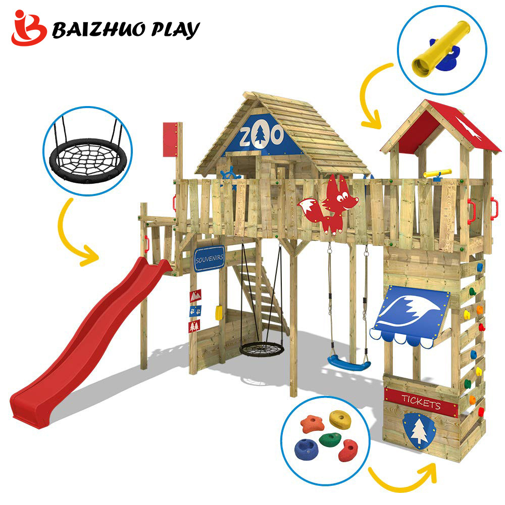 Popular Play Equipment Toys Cheap Price Outdoor Wooden Playground Swing Set With Plastic Slide For Commercial