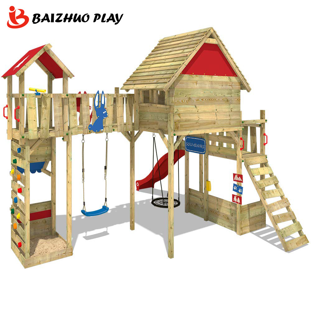 Popular Play Equipment Toys Cheap Price Outdoor Wooden Playground Swing Set With Plastic Slide For Commercial