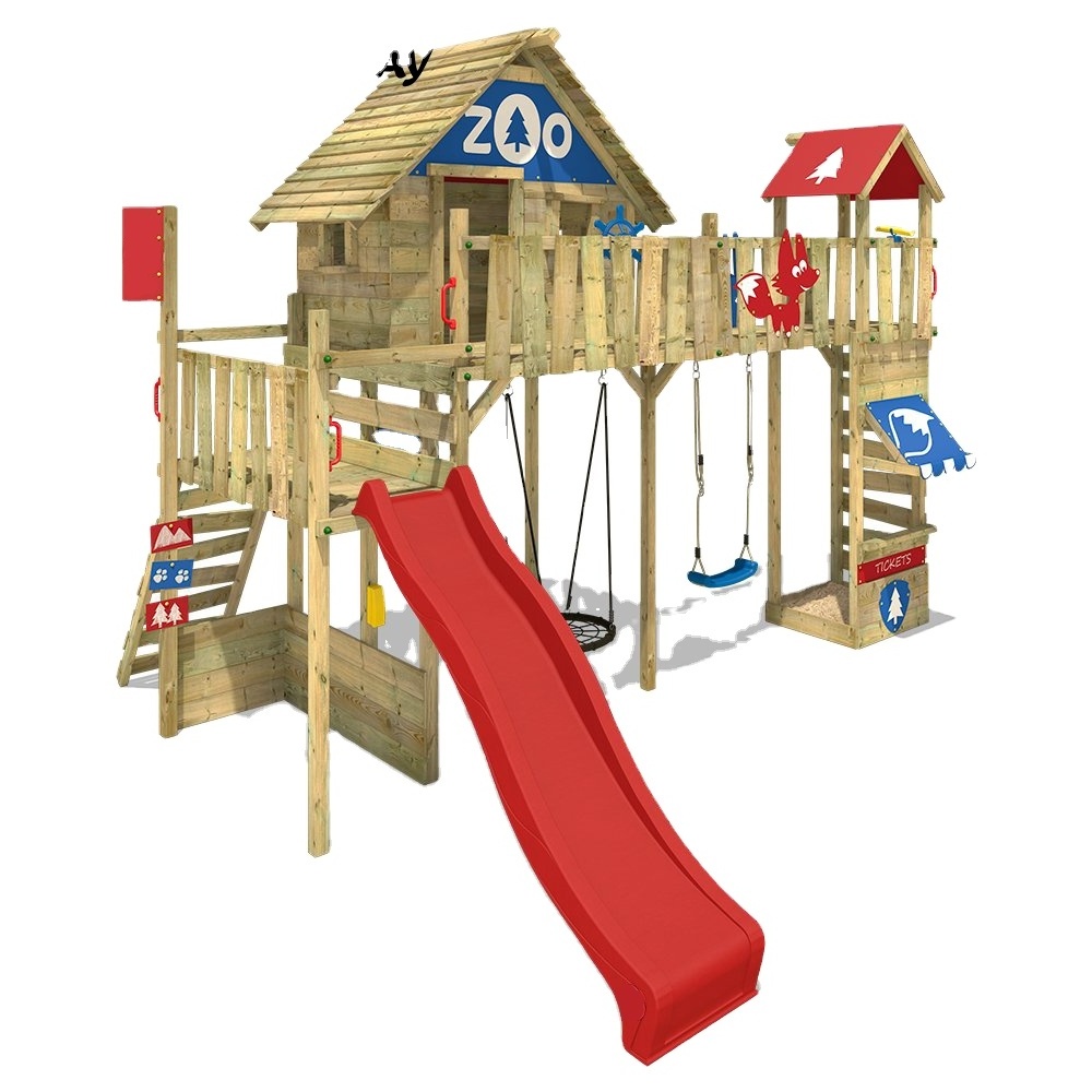 Popular Play Equipment Toys Cheap Price Outdoor Wooden Playground Swing Set With Plastic Slide For Commercial