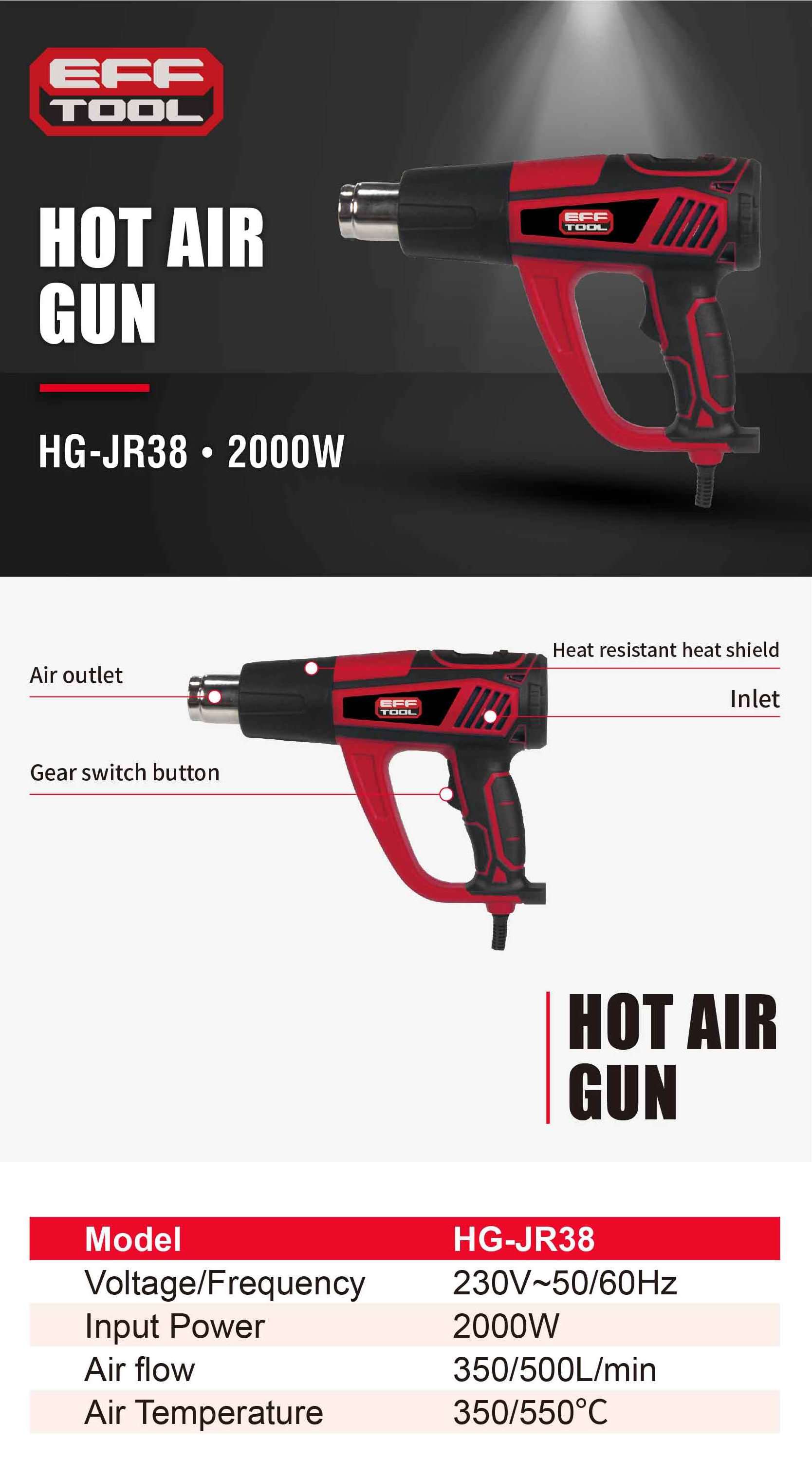 2000w Temperature Adjustable Digital Display Plastic Shrinking Heat Tools Electric Power Industrial Hot Air Gun