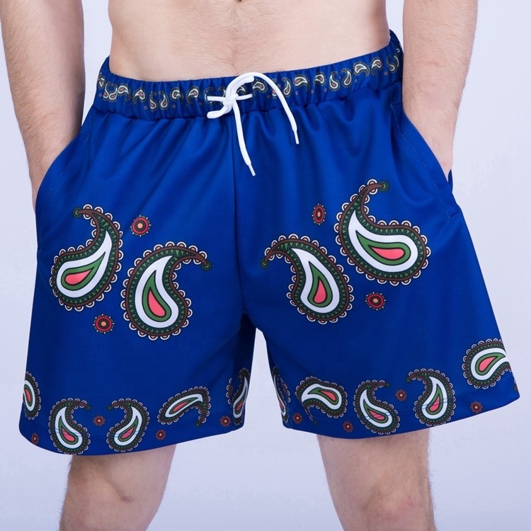 Buker Polyester Breathable Red Custom Mens Mesh Paisley Bandana Printed Shorts With Side Pockets Rear Pocket