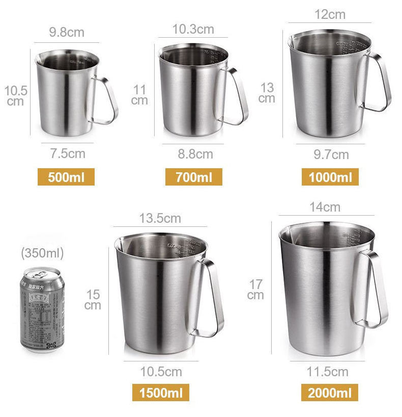 BAKEST Large 304 Stainless Steel Measuring Jug with Scale 2000-500ml / 18~64oz Capacity Barista Tools Espresso Milk Cup Pitcher