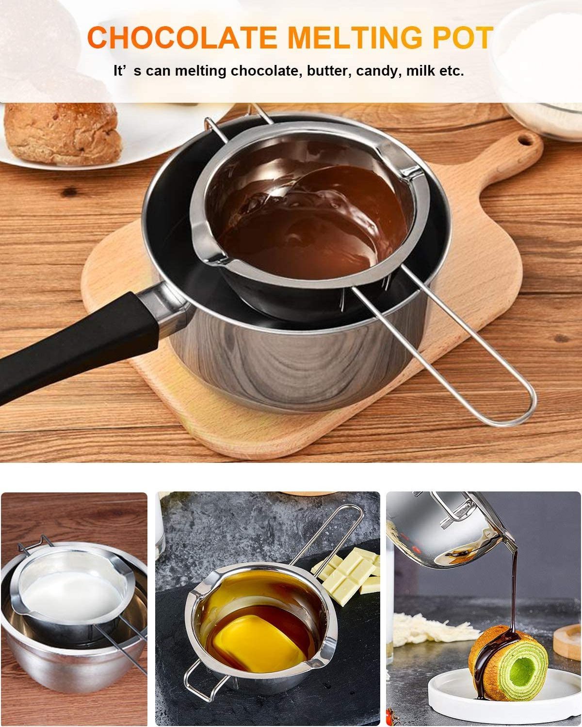 DIY Chocolate Melting Pot Butter Heating Warmer Bowl Fondue Candy Pot Stainless Steel Chocolate Melting Bowl With Long Handle