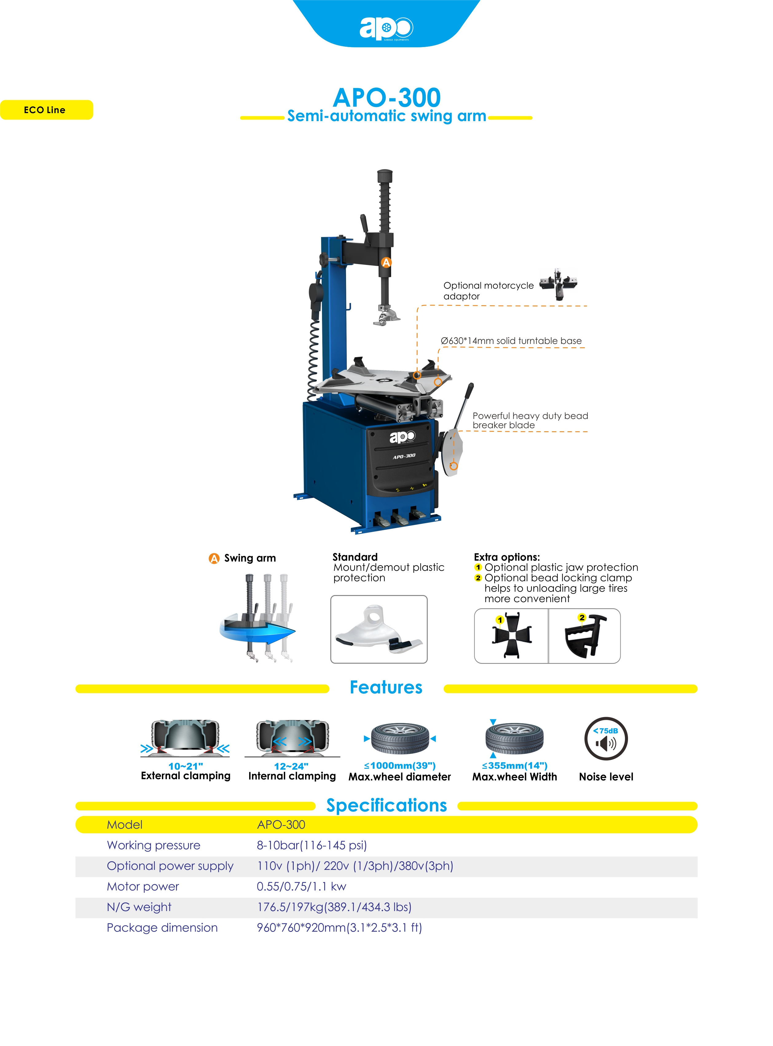 APO Tire Repairing Machine Semi Automatic Tyre Changing Machine 12''-24'' Swing Arm Tire Changer