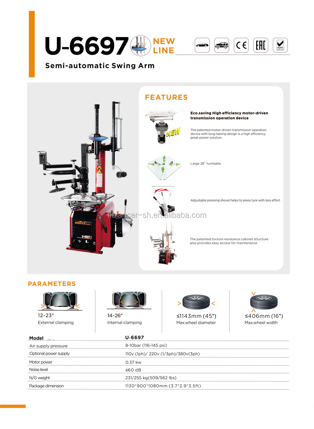 Unite tire changing machine tire mount demount tool  U-6697 semi-automatic swing arm car tire changer