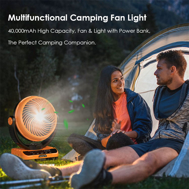 40000mAh Automatic Oscillation Camping Fan For Tent Standing Hurricane Emergency Desk Camping Fan And Led Light